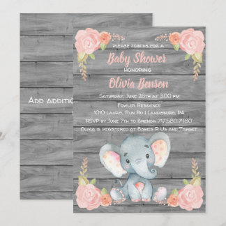 Girl Elephant Baby Shower Invitation