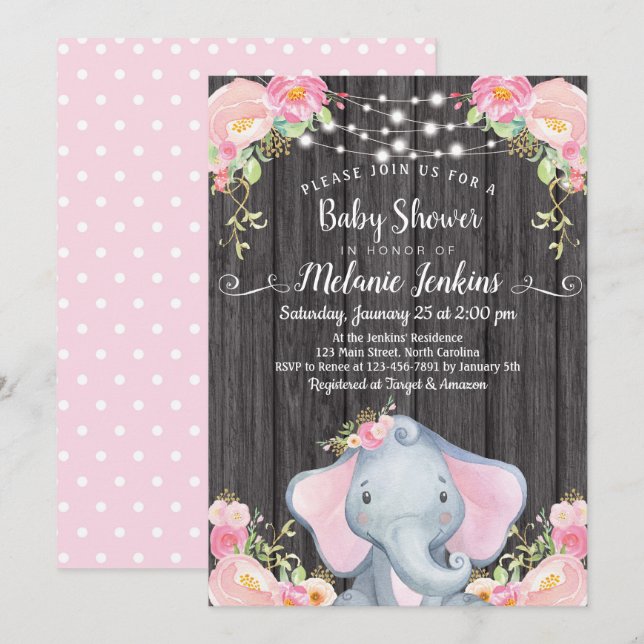 Girl Elephant Baby Shower Invitation (Front/Back)