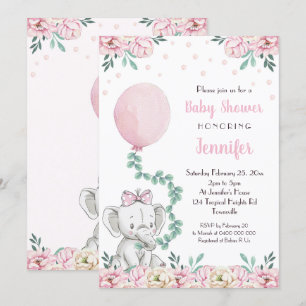 Girl Elephant Baby Shower Invitation Balloons