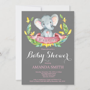 Girl Elephant Baby Shower Invitation Pink and Grey