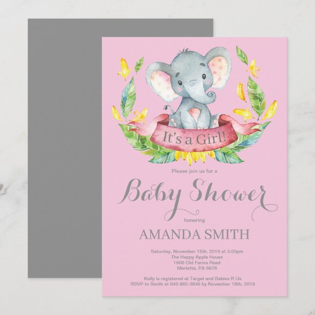 Girl Elephant Baby Shower Invitation Pink and Grey (Front/Back)