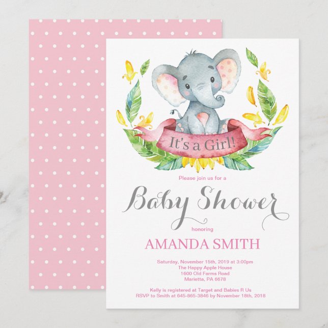 Girl Elephant Baby Shower Invitation Pink and Grey (Front/Back)