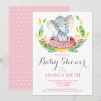 Girl Elephant Baby Shower Invitation Pink and Grey