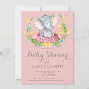 Girl Elephant Baby Shower Invitation Pink and Grey
