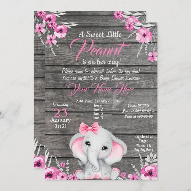 Girl Elephant Baby Shower Invitation, rustic, pink Invitation (Front/Back)