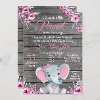 Girl Elephant Baby Shower Invitation, rustic, pink Invitation