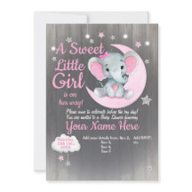 Girl Elephant Baby Shower Invitation Stars Moon 