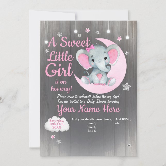 Girl Elephant Baby Shower Invitation Stars Moon  (Front)