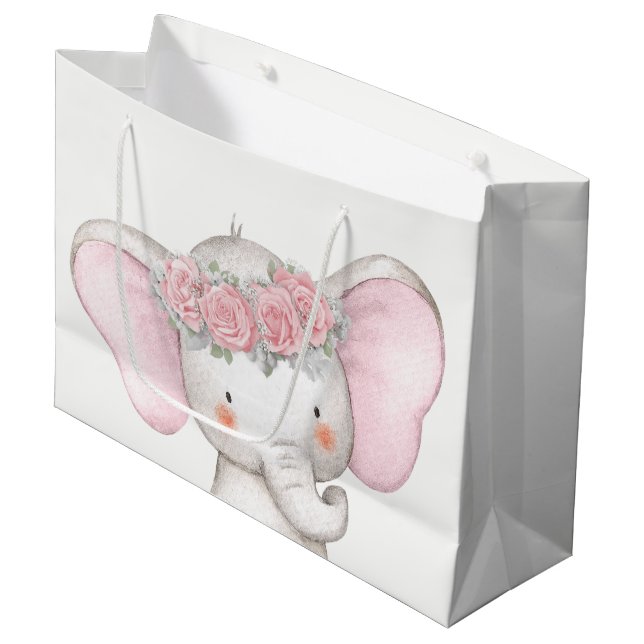 Girl Elephant Baby Shower Large Gift Bag (Front Angled)