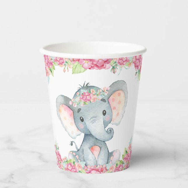 Girl Elephant Baby Shower Paper Cups (Front)