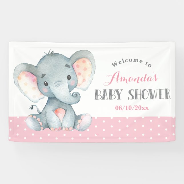 Girl Elephant Baby Shower Pink and Grey Banner (Horizontal)