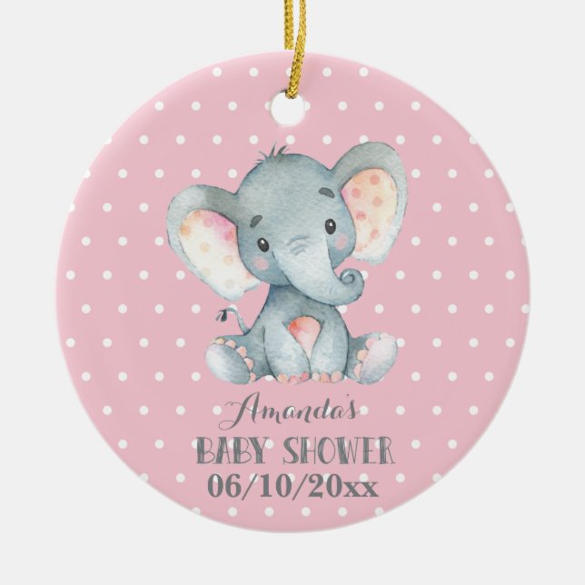 Girl Elephant Baby Shower Pink and Grey Ceramic Ornament (Front)