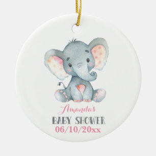 Girl Elephant Baby Shower Pink and Grey Ceramic Ornament