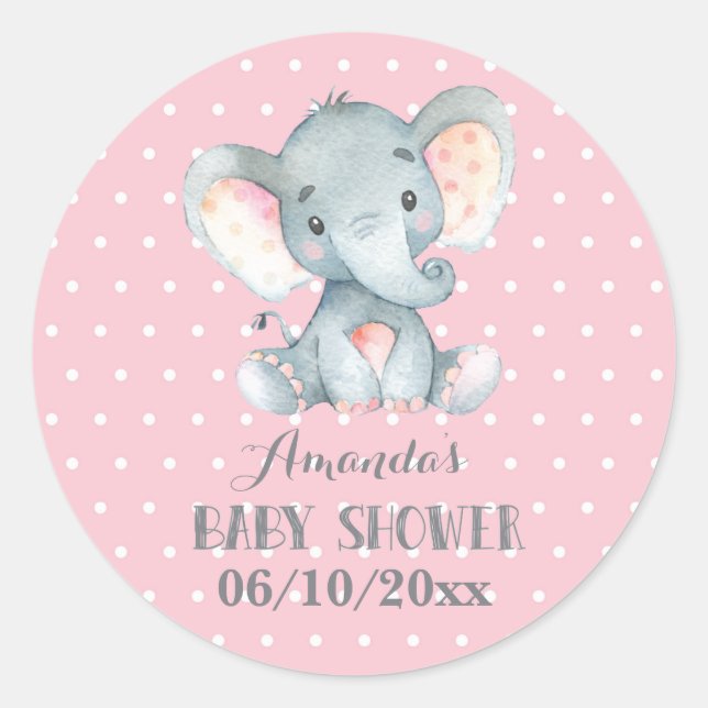 Girl Elephant Baby Shower Pink and Grey Classic Round Sticker (Front)