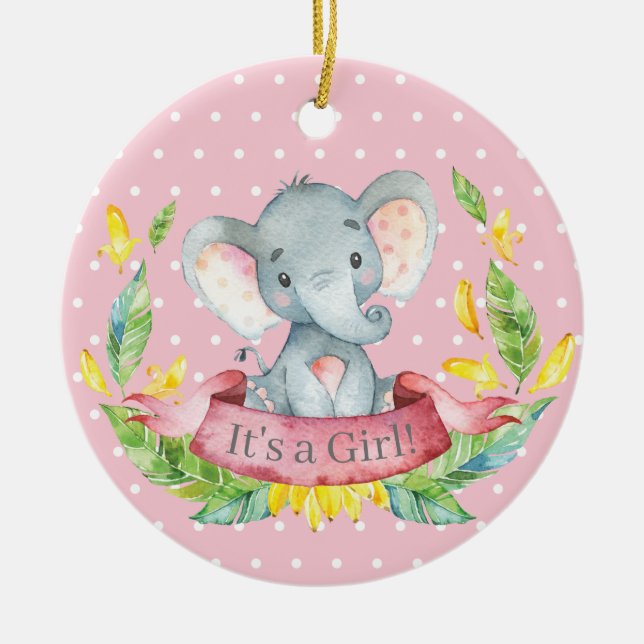 Girl Elephant Baby Shower Pink Ceramic Ornament (Front)