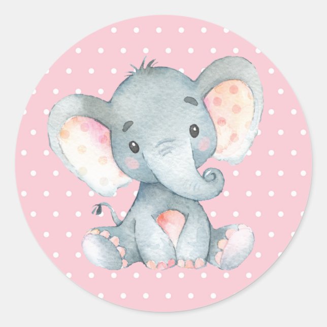 Girl Elephant Baby Shower Pink Classic Round Sticker (Front)