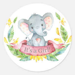 Girl Elephant Baby Shower Pink Classic Round Sticker