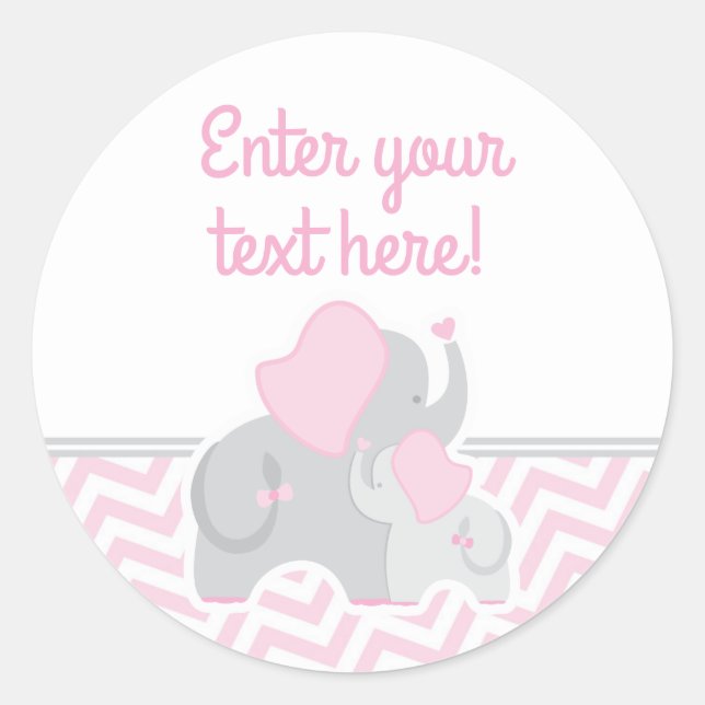 Girl Elephant Baby Shower Pink Grey Chevron Classic Round Sticker (Front)
