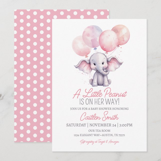 Girl Elephant Baby Shower Pink Grey Polkadots Invitation (Front/Back)