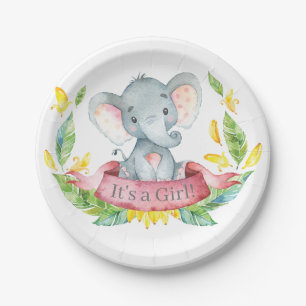 Girl Elephant Baby Shower Pink Paper Plate