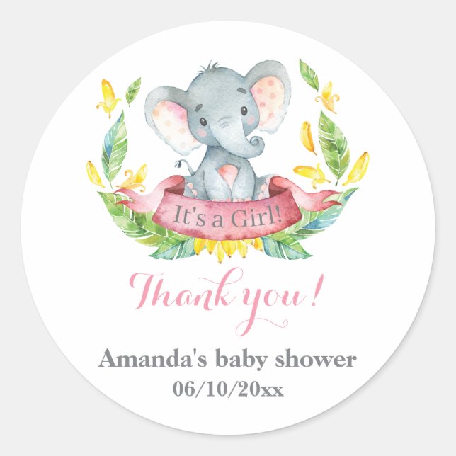 Girl Elephant Baby Shower Pink Thank You Favour Classic Round Sticker (Front)