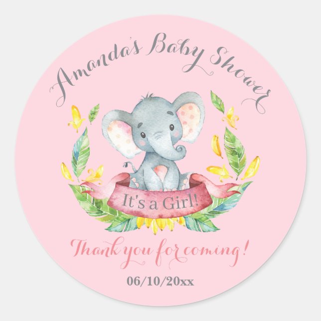 Girl Elephant Baby Shower Pink Thank You Favour Classic Round Sticker (Front)