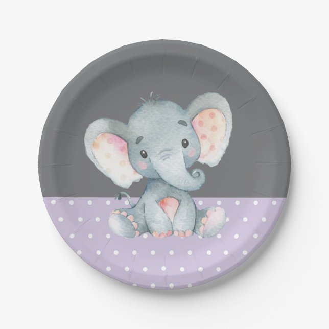 Girl Elephant Baby Shower Purple and Grey Paper Plate (Front)