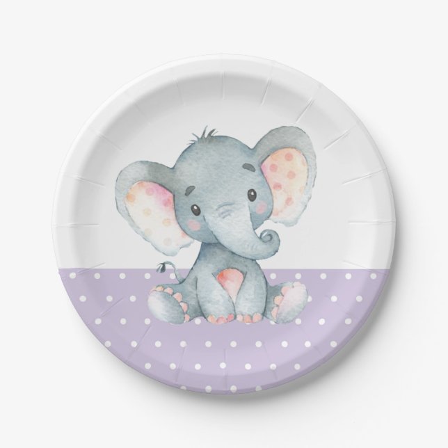 Girl Elephant Baby Shower Purple Paper Plate (Front)