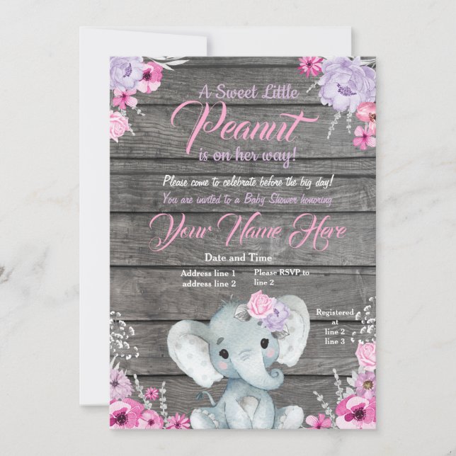 Girl Elephant Baby Shower, rustic, pink purple Invitation (Front)