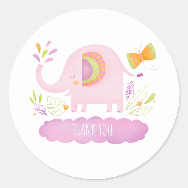 Girl Elephant Baby Shower Thank You Favour Sticker (Front)