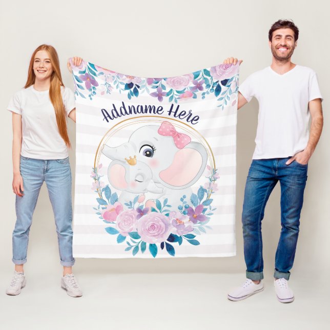 Girl Elephant Blankets Pink Floral Name (In Situ)
