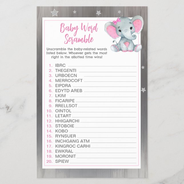 Girl Elephant Crescent Stars Word Scramble Game Flyer (Front)