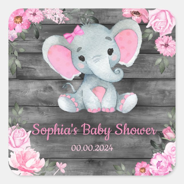 Girl Eléphant Douche Floral Stickers rose Étiquett (Devant)