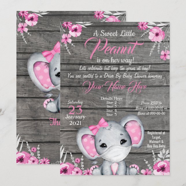 Girl Elephant Drive By Baby Shower Invitation pink (Front/Back)