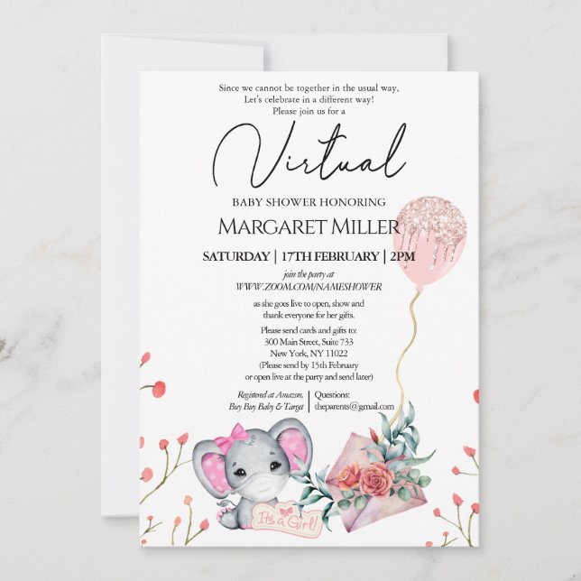 Girl Elephant Gold Glitter Balloon Virtual Shower Invitation (Front)