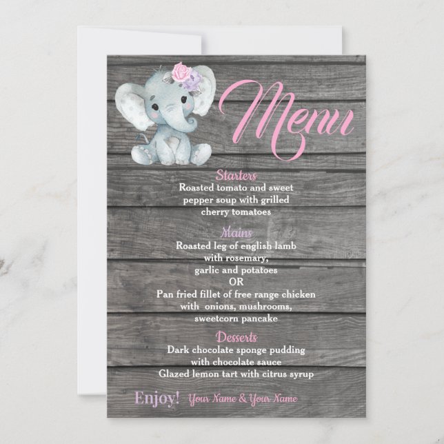 Girl Elephant Menu card for Baby Shower birthday (Front)
