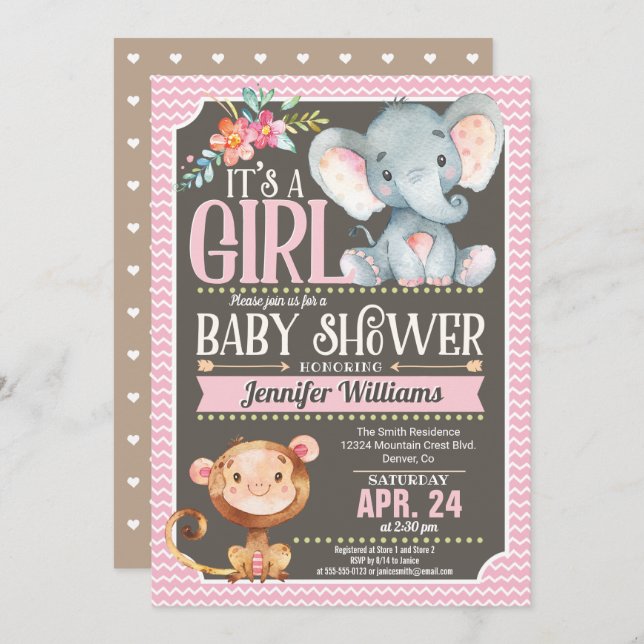 Girl Elephant & Monkey Baby Shower Invitation (Front/Back)