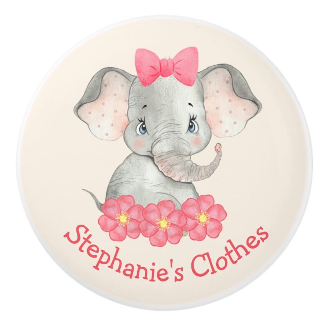 Girl Elephant Personalized Watercolor Pink kids Ceramic Knob (Front)