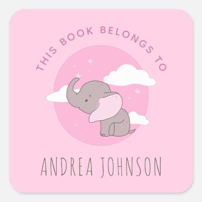  Girl Elephant Pink Dreamy Clouds Kids Bookplate Square Sticker (Front)