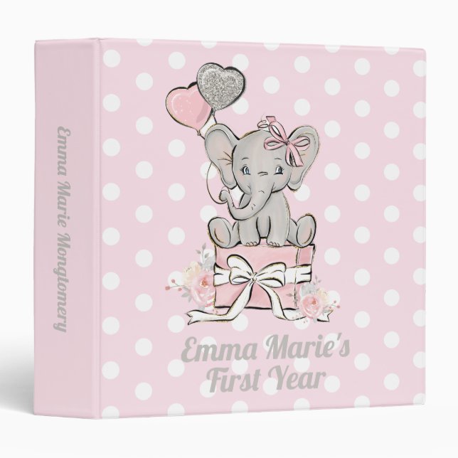 Girl Elephant Pink Silver Glitter Balloons Memory  Binder (Front/Spine)