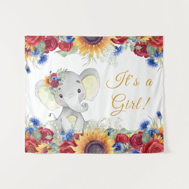 Girl Elephant Sunflower Baby Shower Backdrop Tapestry (Front (Horizontal))