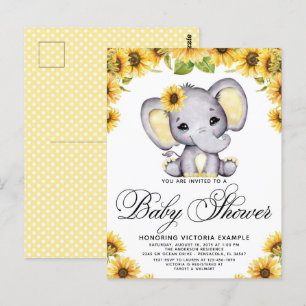 Girl Elephant Sunflower Baby Shower Invitation Postcard