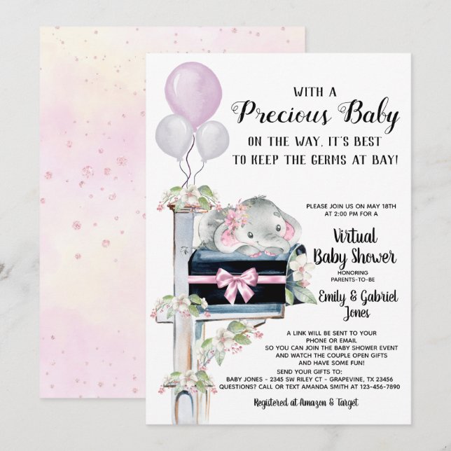 Girl Elephant Virtual Online Video Baby Shower Invitation (Front/Back)