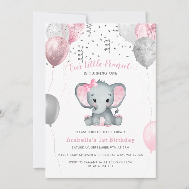 Girl Elephant Watercolor Balloons 1st Birthday Invitation (Front)