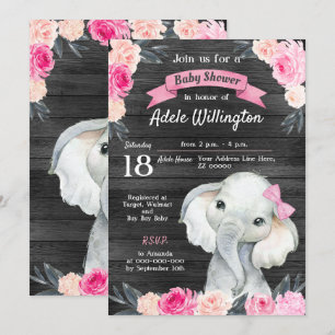Girl Elephant Watercolor Floral Pink Roses Wooden Invitation