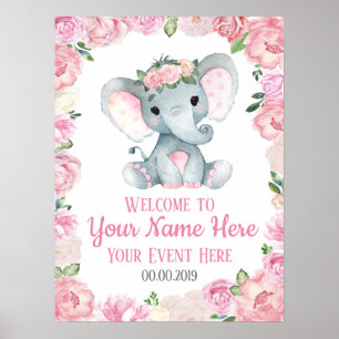 Girl Elephant Welcome Sign Baby Roses Floral