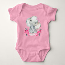 Girl Elephant with Custom Name Pink Bodysuit Roses