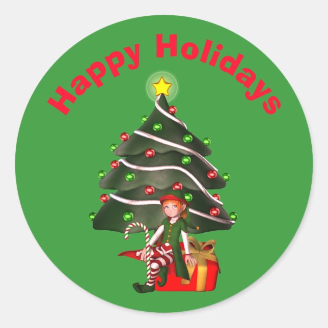 Girl Elf Christmas Tree Holiday  Classic Round Sticker (Front)