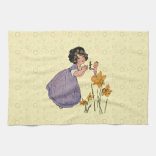 Girl Elf Fairy Daffodil Antique Easter Kitchen Towel