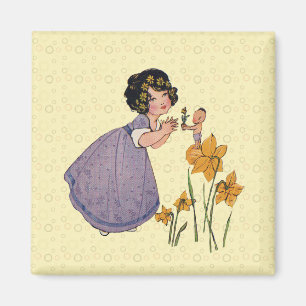 Girl Elf Fairy Daffodil Antique Easter Magnet